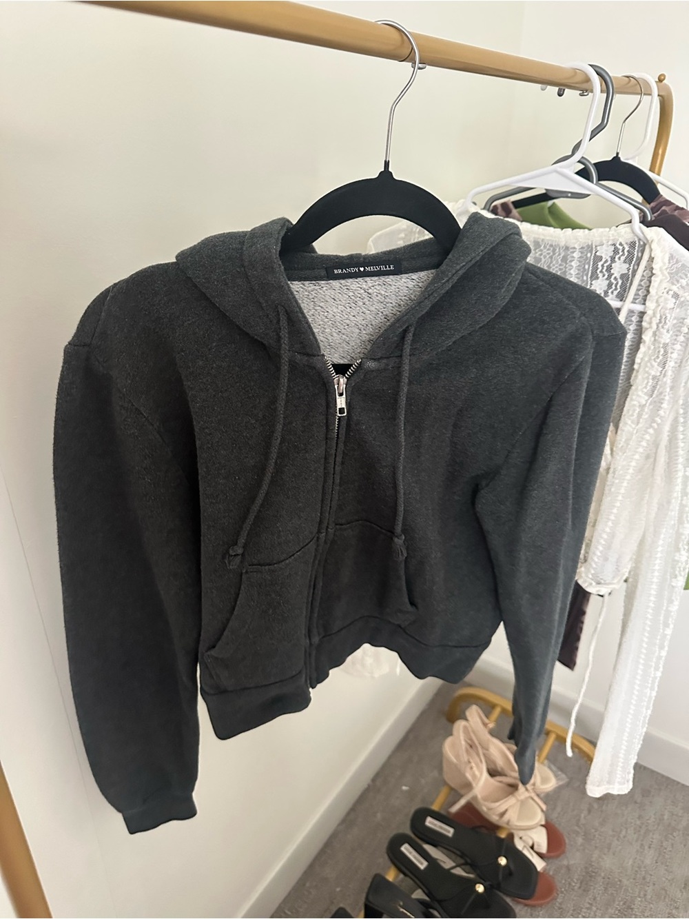 Brandy Melville Cropped Dark Gray Zip-Up Hoodie Jacket